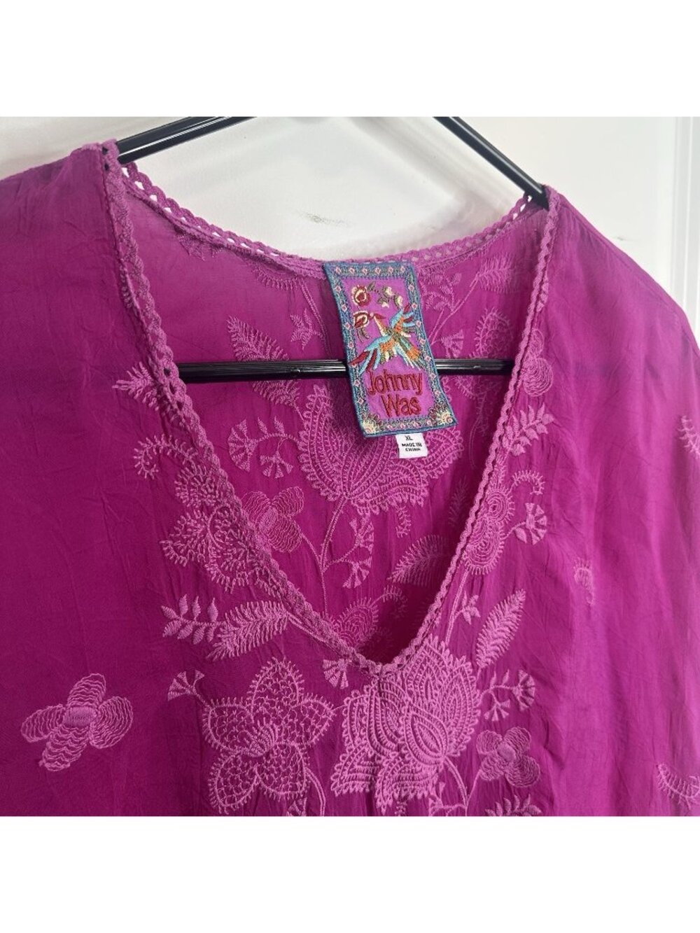 Johnny Was Fuchsia Pink Short Sleeve Embroidered Tunic Top Floral Coverup Sz XL